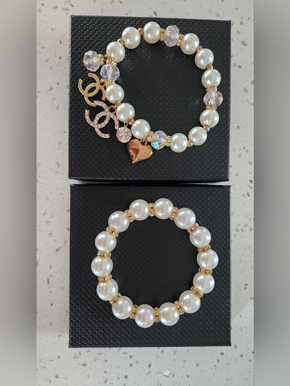 Faux Pearl Stretch Bracelets with Gold Accents